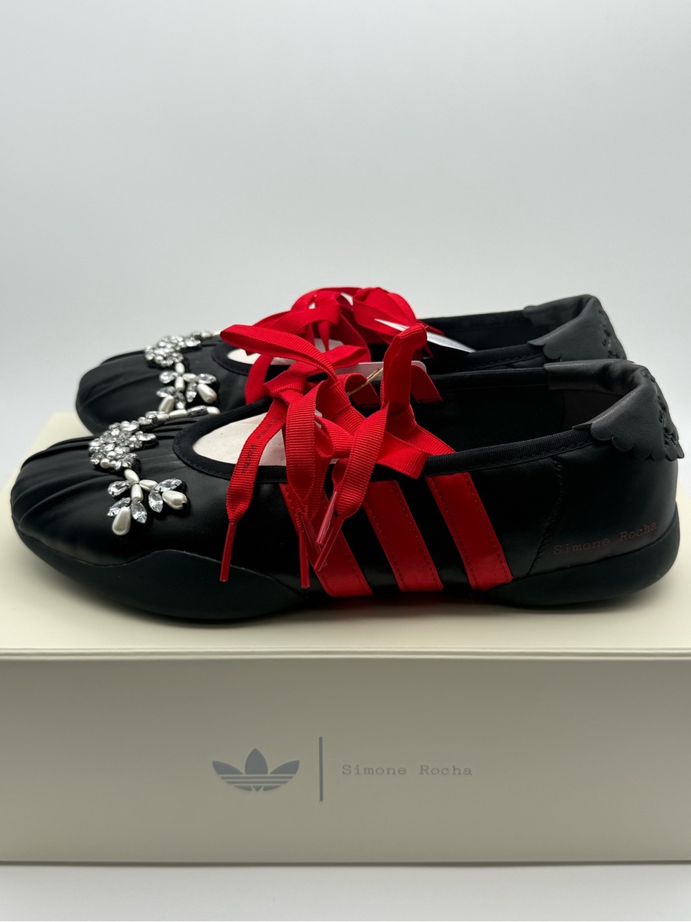 Simone Rocha X Adidas Women's Black Ballet Sneakers with Red Ribbon Size 9